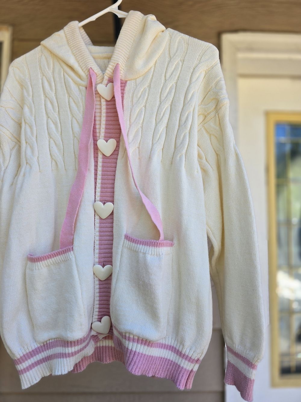 Cream & Pink Cable Knit Hoodie with Heart Buttons - Size XL - Picture 3 of 5